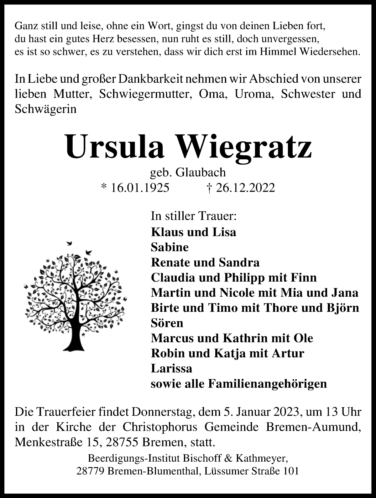 Traueranzeige von Ursula Wiegratz von Die Norddeutsche