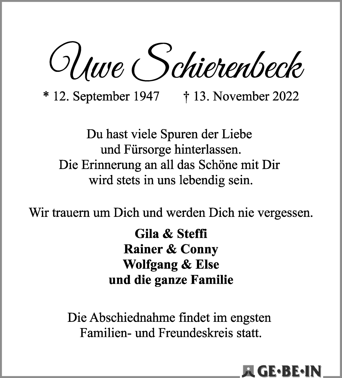 Traueranzeige von Uwe Schierenbeck von WESER-KURIER
