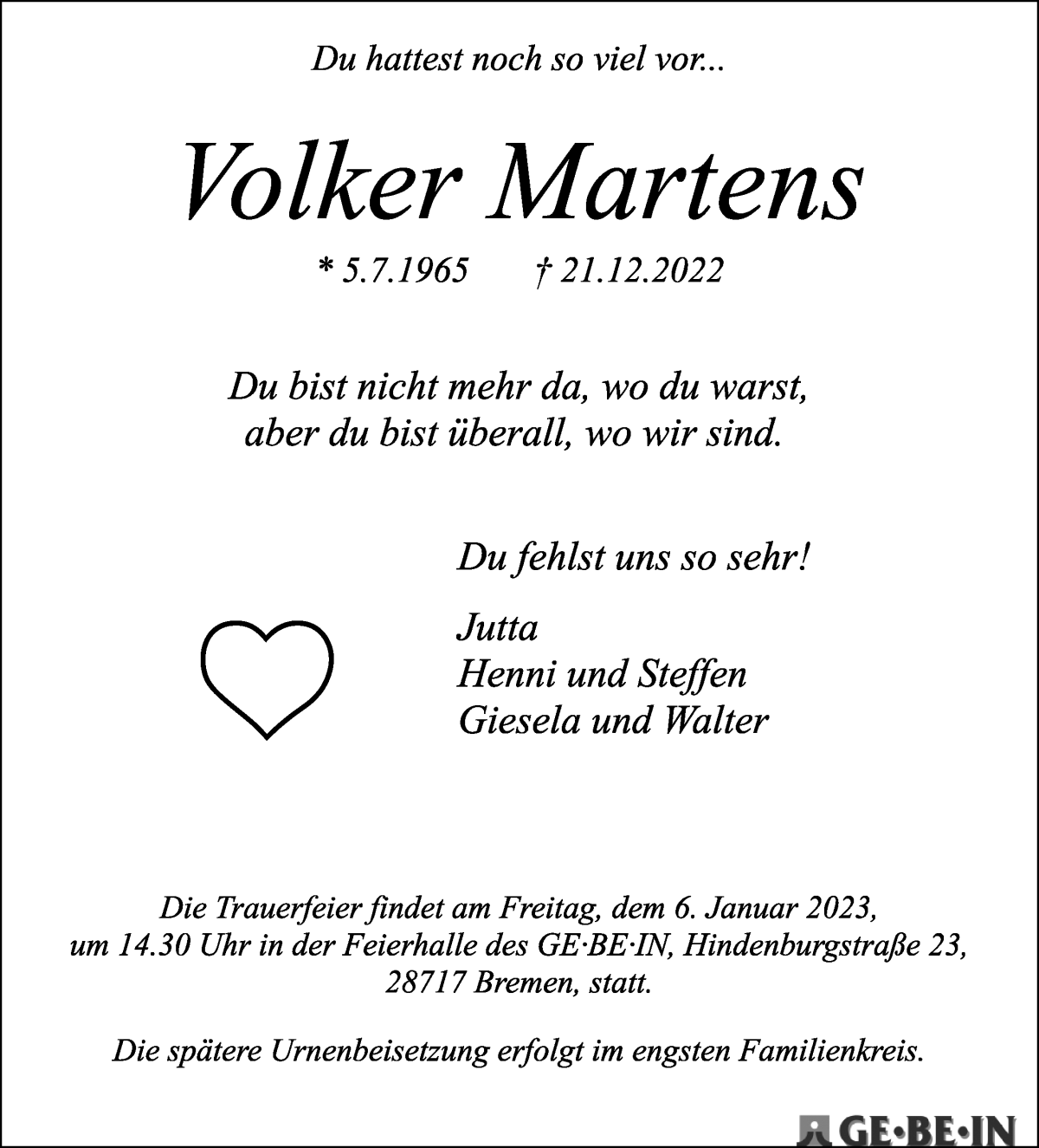 Traueranzeige von Volker Martens von WESER-KURIER