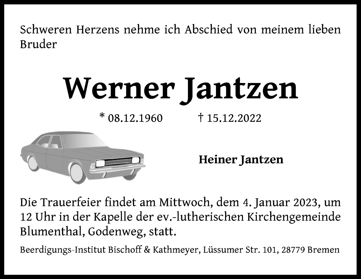 Traueranzeige von Werner Jantzen von Die Norddeutsche