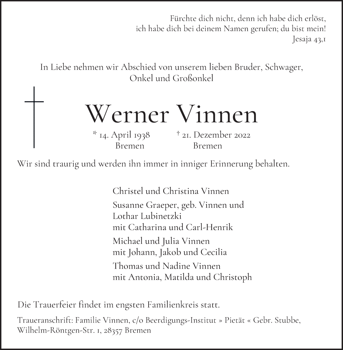 Traueranzeige von Werner Vinnen von WESER-KURIER