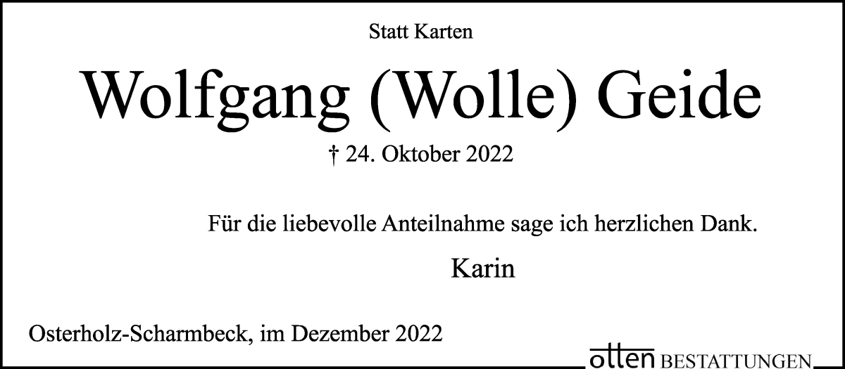 Traueranzeige von Wolfgang Geide von Osterholzer Kreisblatt