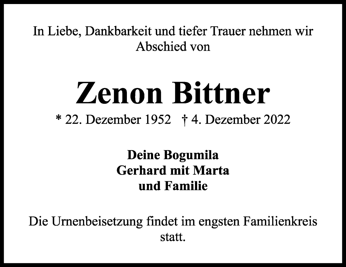 Traueranzeige von Zenon Bittner von WESER-KURIER