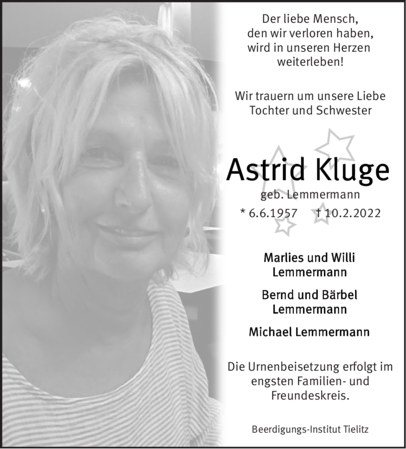 Traueranzeige von Astrid Kluge von WESER-KURIER