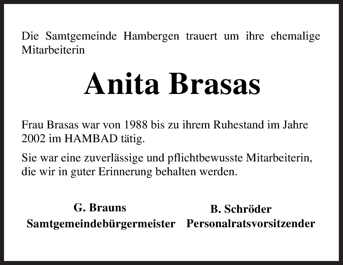 Traueranzeige von Anita Brasas von Osterholzer Kreisblatt