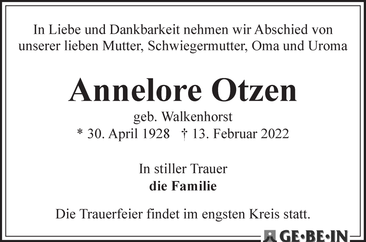Traueranzeige von Annelore Otzen von WESER-KURIER