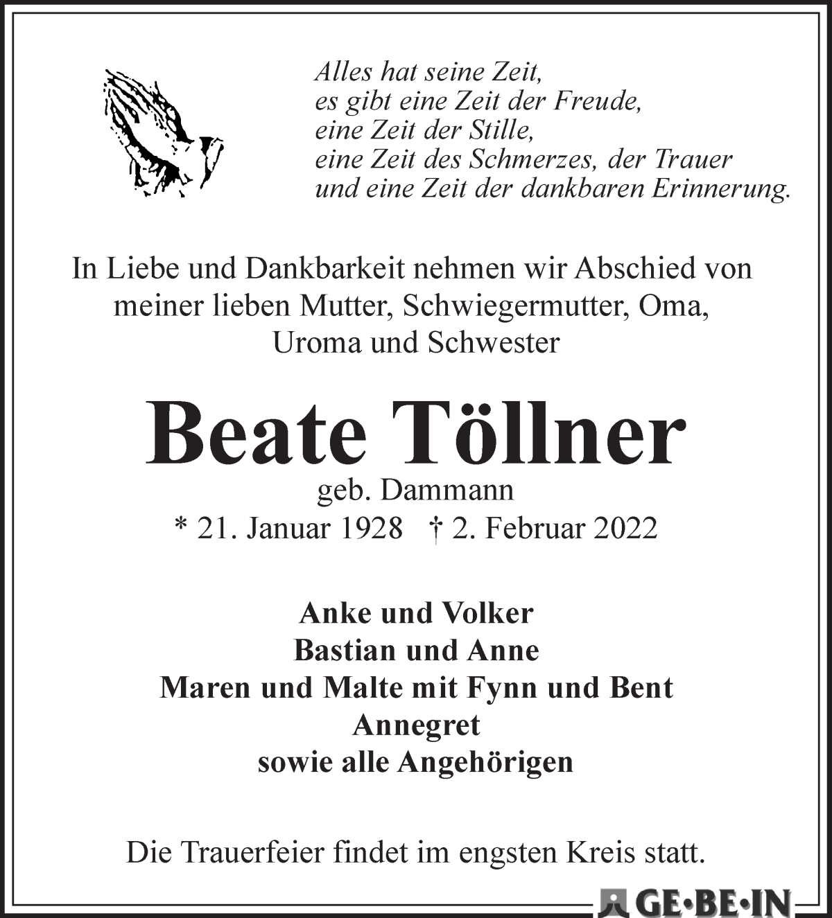 Traueranzeige von Beate Töllner von WESER-KURIER