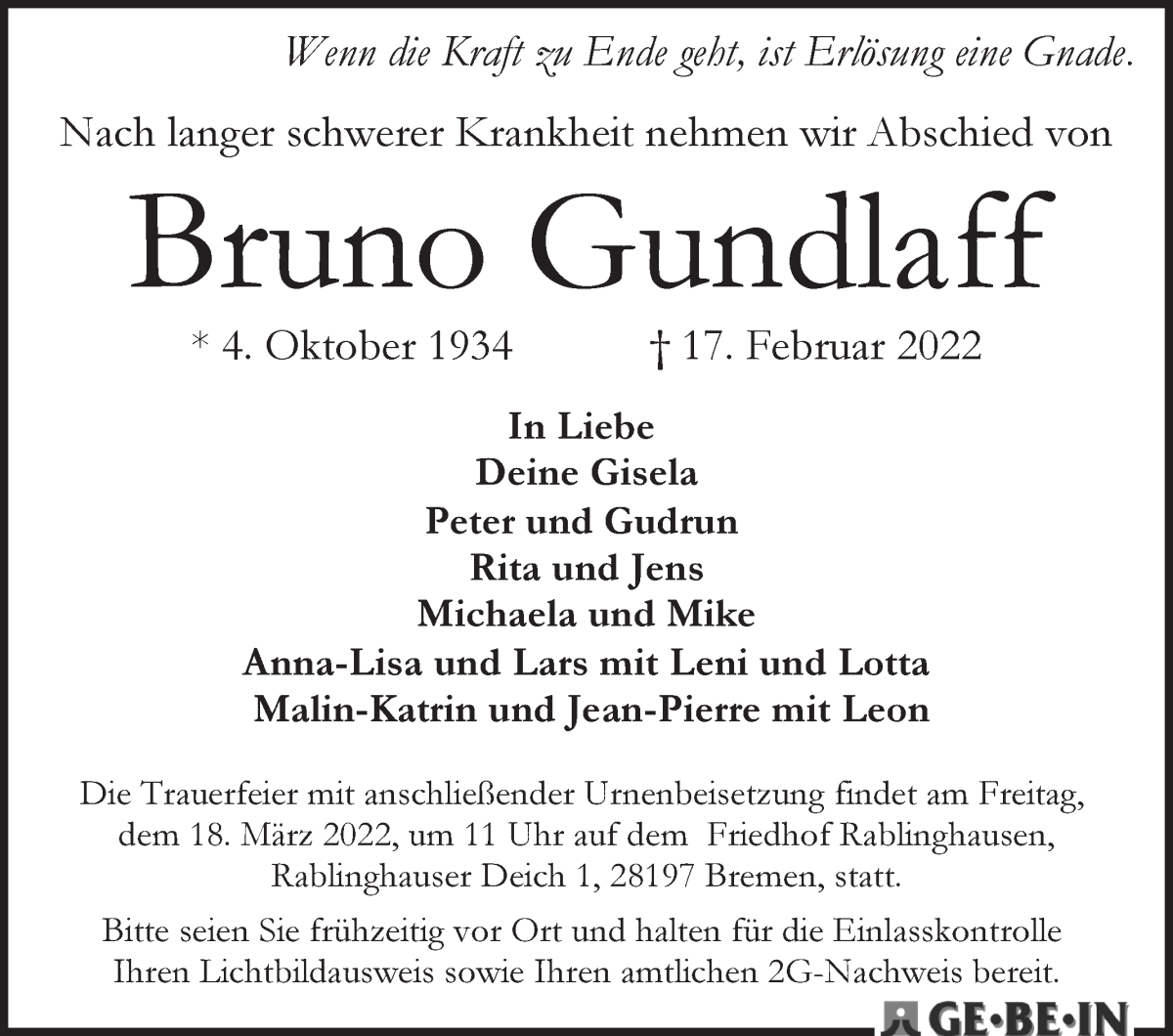 Traueranzeige von Bruno Gundlaff von WESER-KURIER