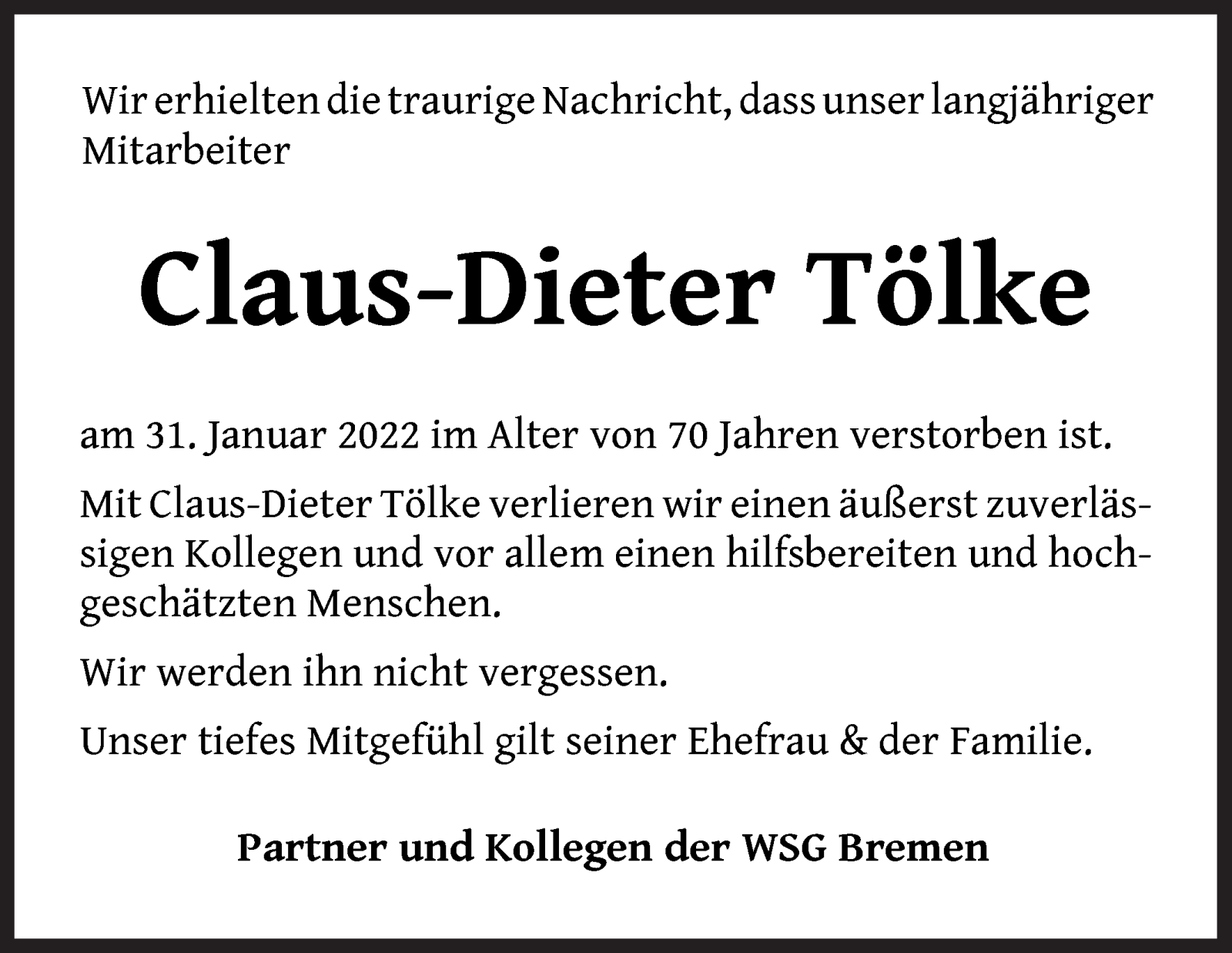 Traueranzeige von Claus-Dieter Tölke von WESER-KURIER
