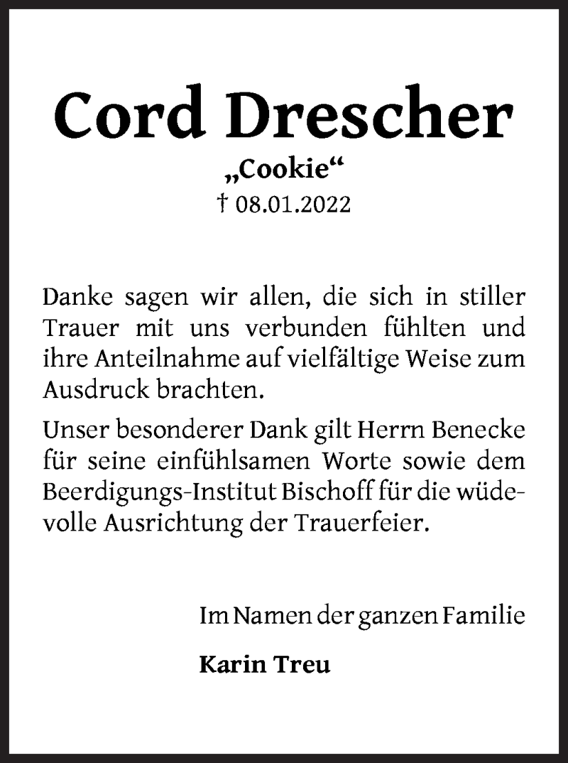 Traueranzeige von Cord Drescher von WESER-KURIER