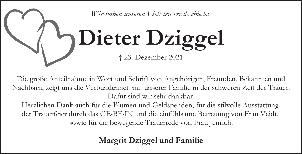Traueranzeige von Dieter Dziggel von WESER-KURIER