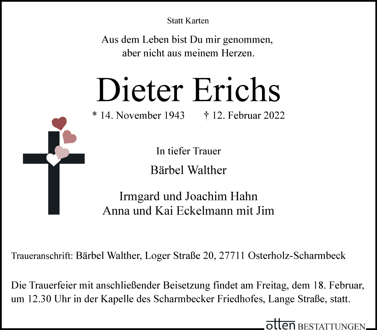 Traueranzeige von Dieter Erichs von Osterholzer Kreisblatt