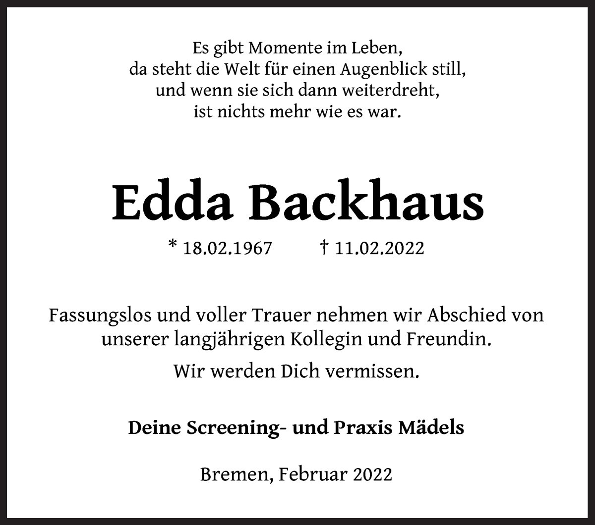 Traueranzeige von Edda Backhaus von WESER-KURIER