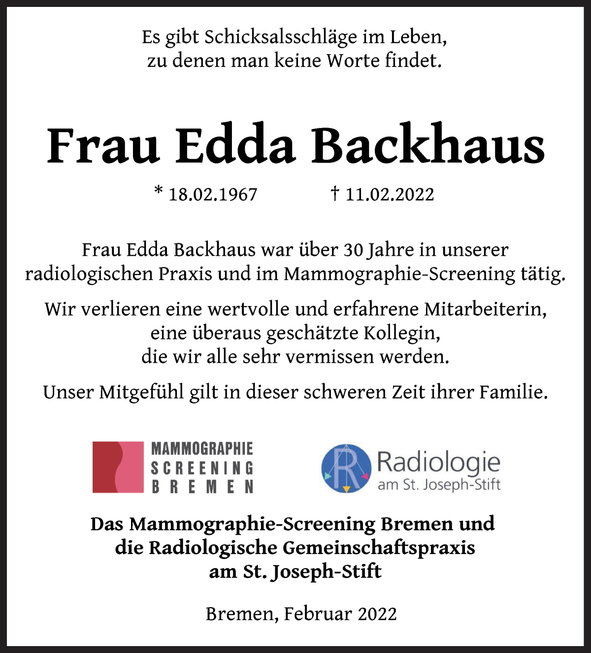 Traueranzeige von Edda Backhaus von WESER-KURIER