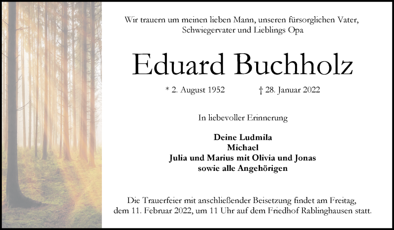 Traueranzeige von Eduard Buchholz von WESER-KURIER