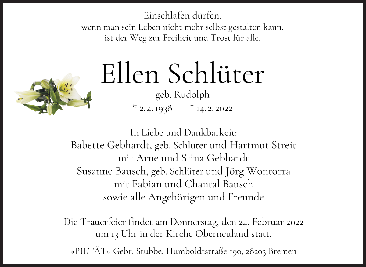 Traueranzeige von Ellen Schlüter von WESER-KURIER