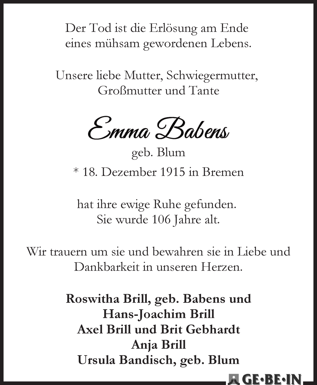 Traueranzeige von Emma Babens von WESER-KURIER