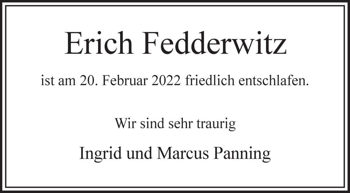 Traueranzeige von Erich Fedderwitz von Osterholzer Kreisblatt