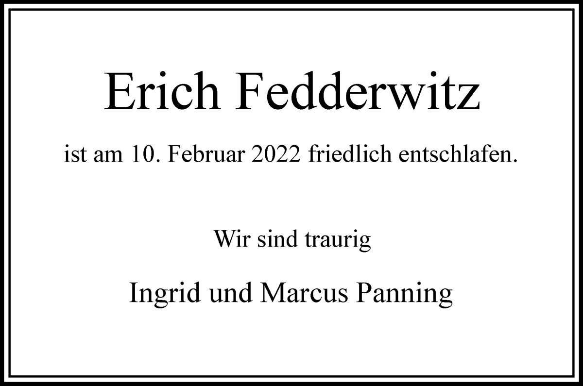 Traueranzeige von Erich Fedderwitz von Osterholzer Kreisblatt
