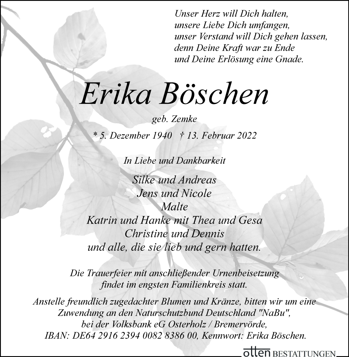 Traueranzeige von Erika Böschen von Osterholzer Kreisblatt