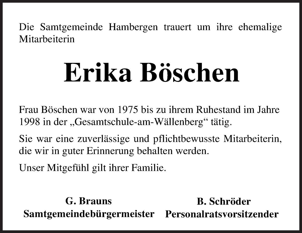 Traueranzeige von Erika Böschen von Osterholzer Kreisblatt