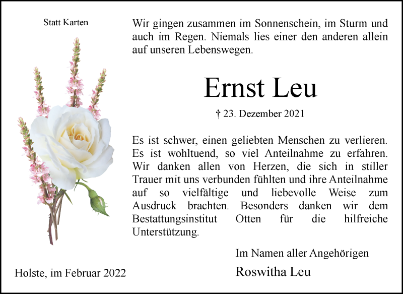 Traueranzeige von Ernst Leu von Osterholzer Kreisblatt