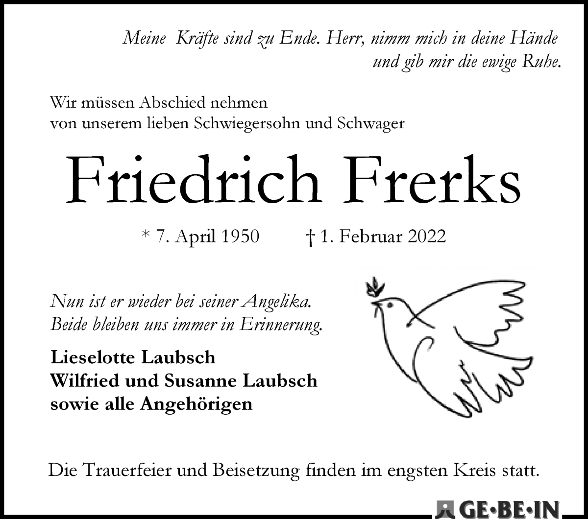 Traueranzeige von Friedrich Frerks von WESER-KURIER