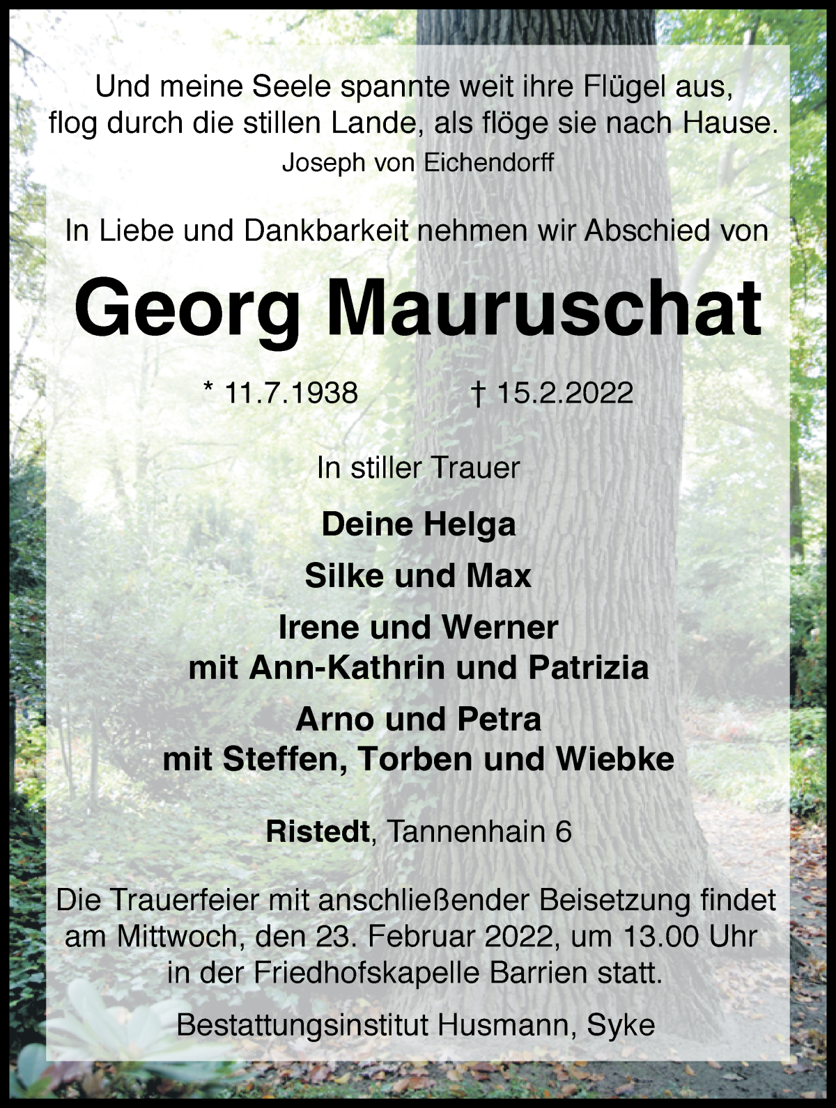 Traueranzeige von Georg Mauruschat von WESER-KURIER