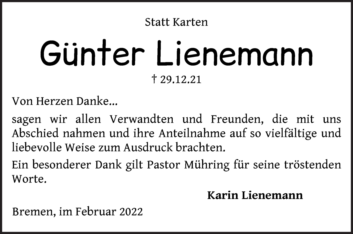 Traueranzeige von Günter Lienemann von WESER-KURIER