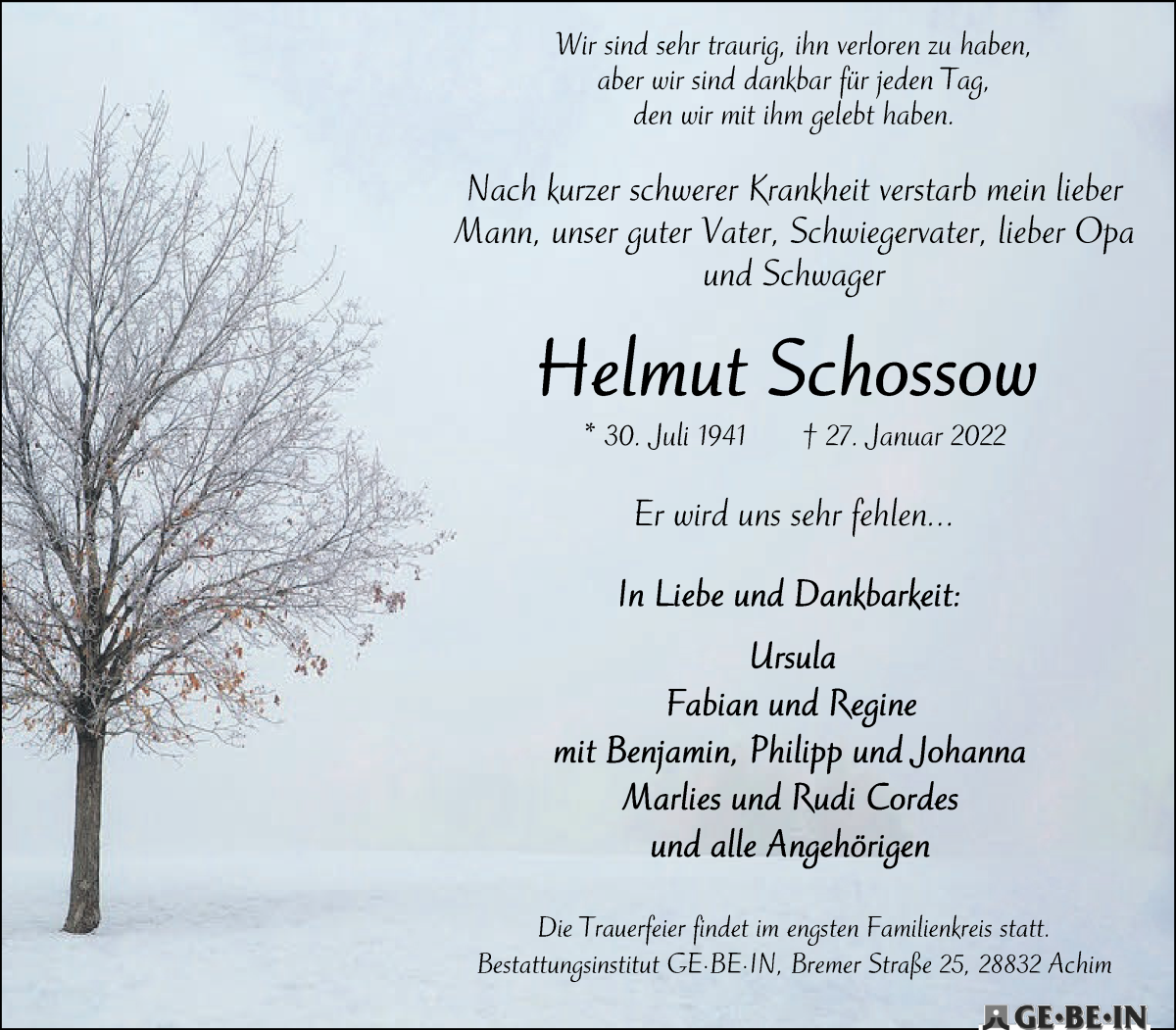 Traueranzeige von Helmut Schossow von WESER-KURIER