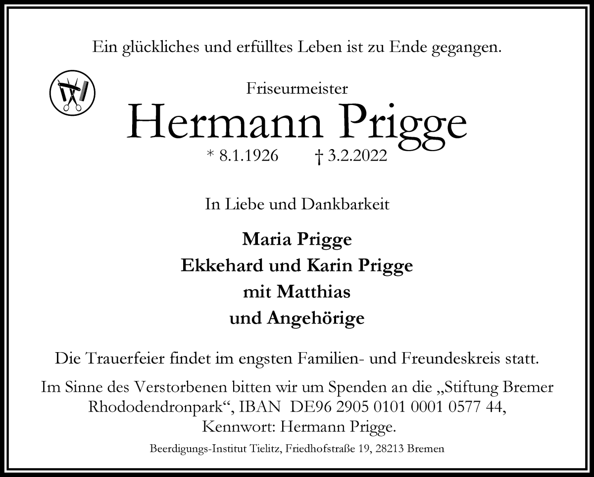Traueranzeige von Hermann Prigge von WESER-KURIER