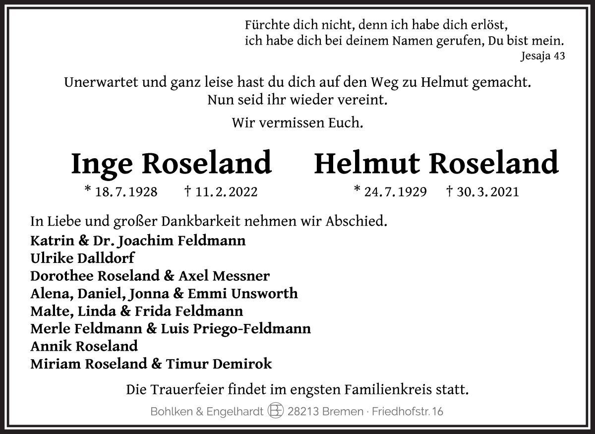 Traueranzeige von Inge und Helmut Roseland von WESER-KURIER