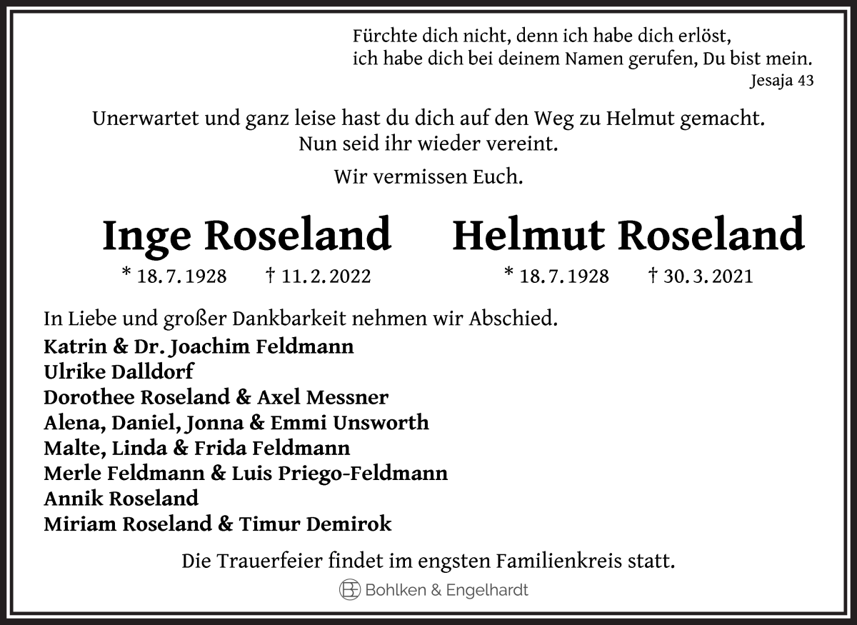 Traueranzeige von Inge und Helmut Roseland von WESER-KURIER