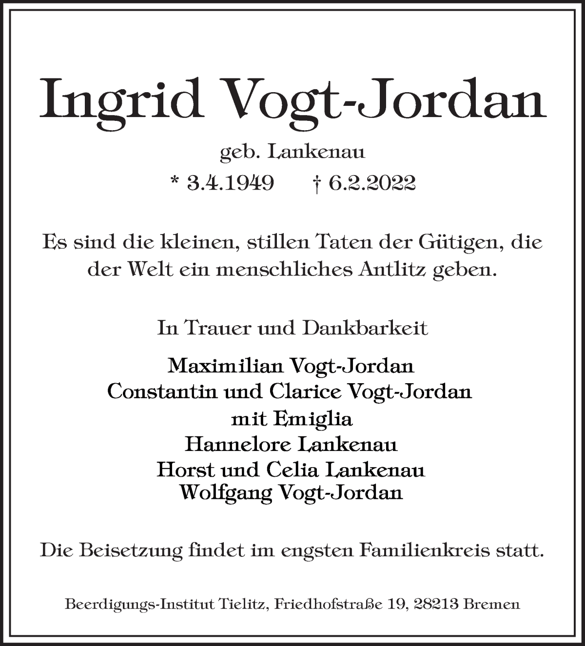 Traueranzeige von Ingrid Vogt-Jordan von WESER-KURIER