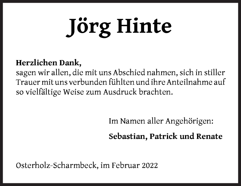 Traueranzeige von Jörg Hinte von Osterholzer Kreisblatt