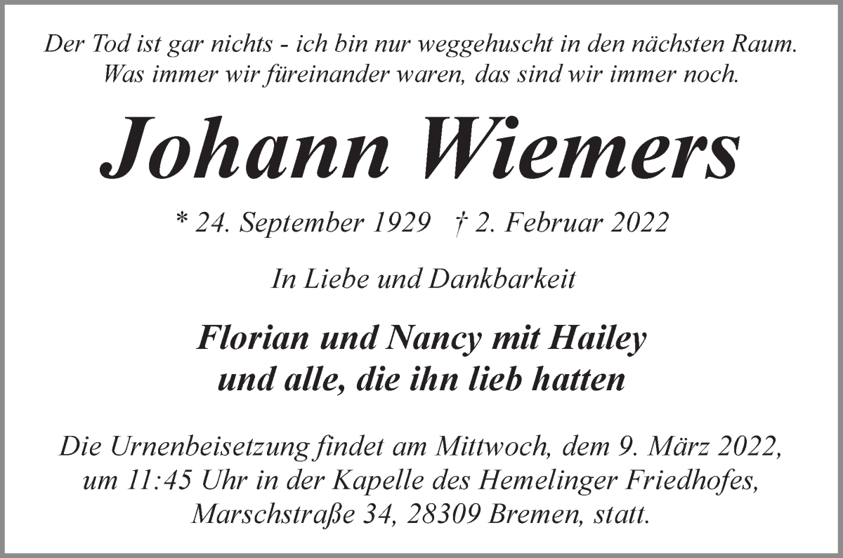 Traueranzeige von Johann Wiemers von WESER-KURIER