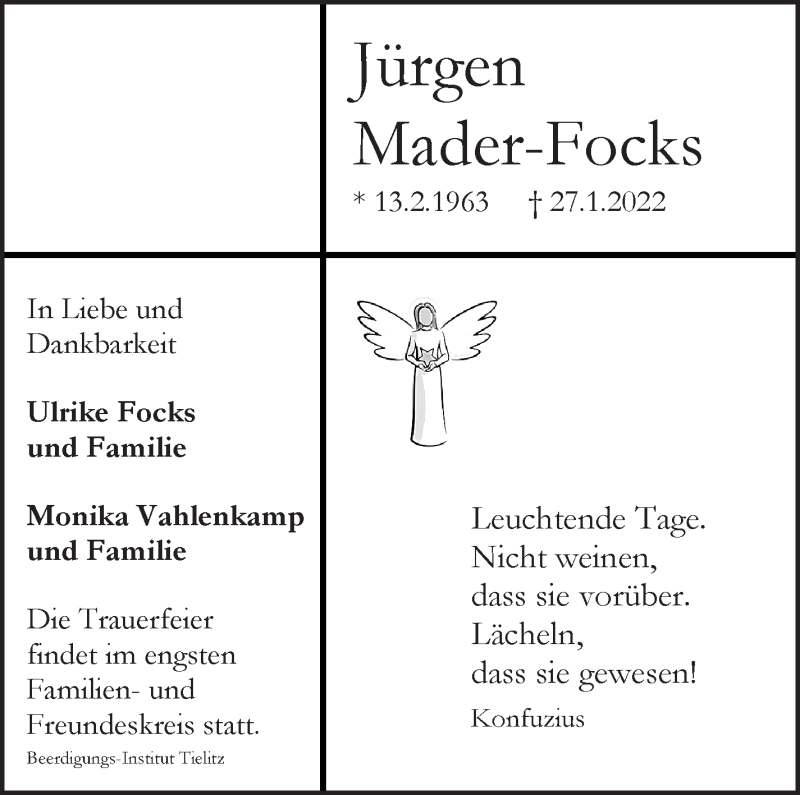 Traueranzeige von Jürgen Mader-Focks von WESER-KURIER