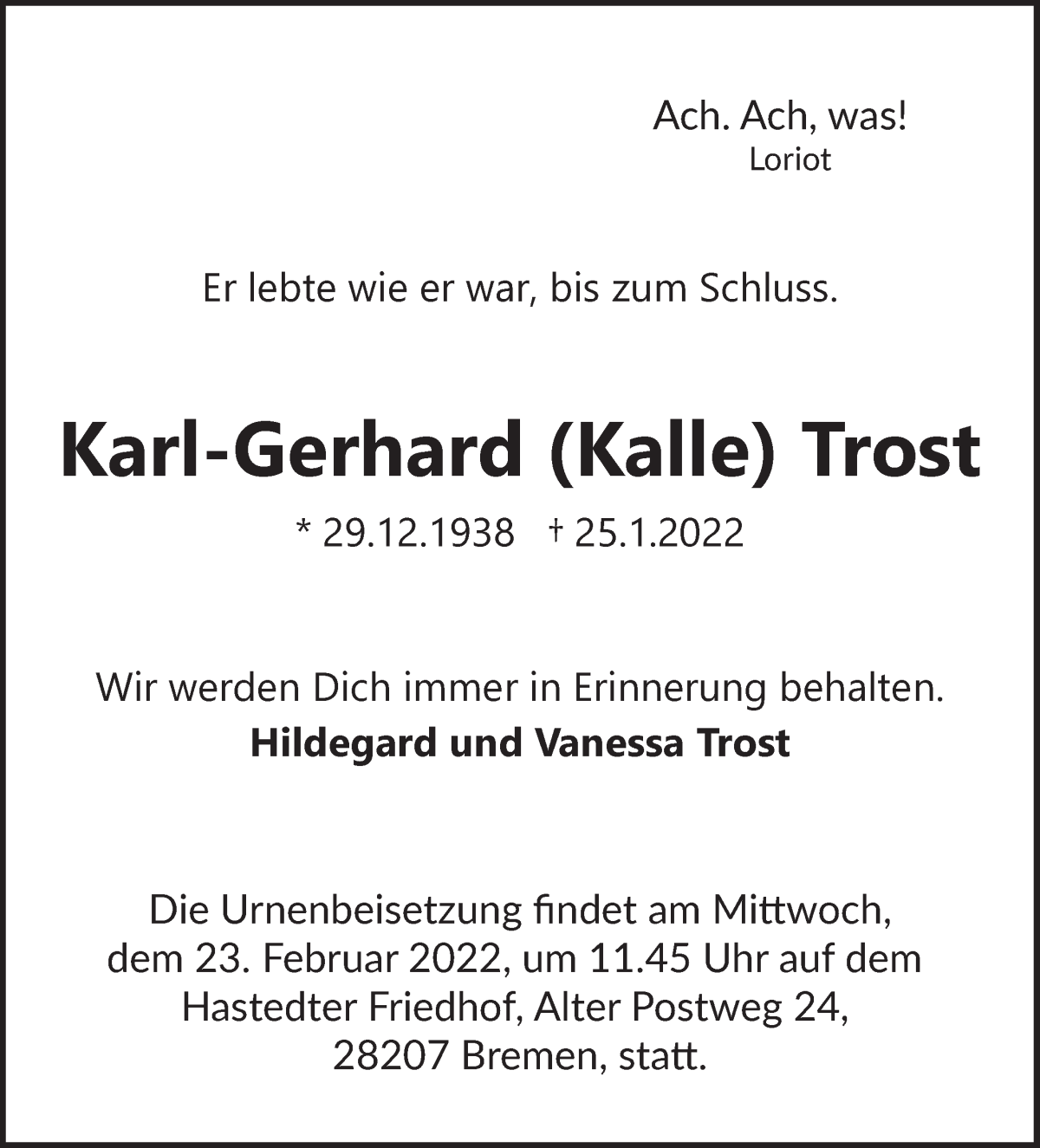 Traueranzeige von Karl-Gerhard Trost von WESER-KURIER