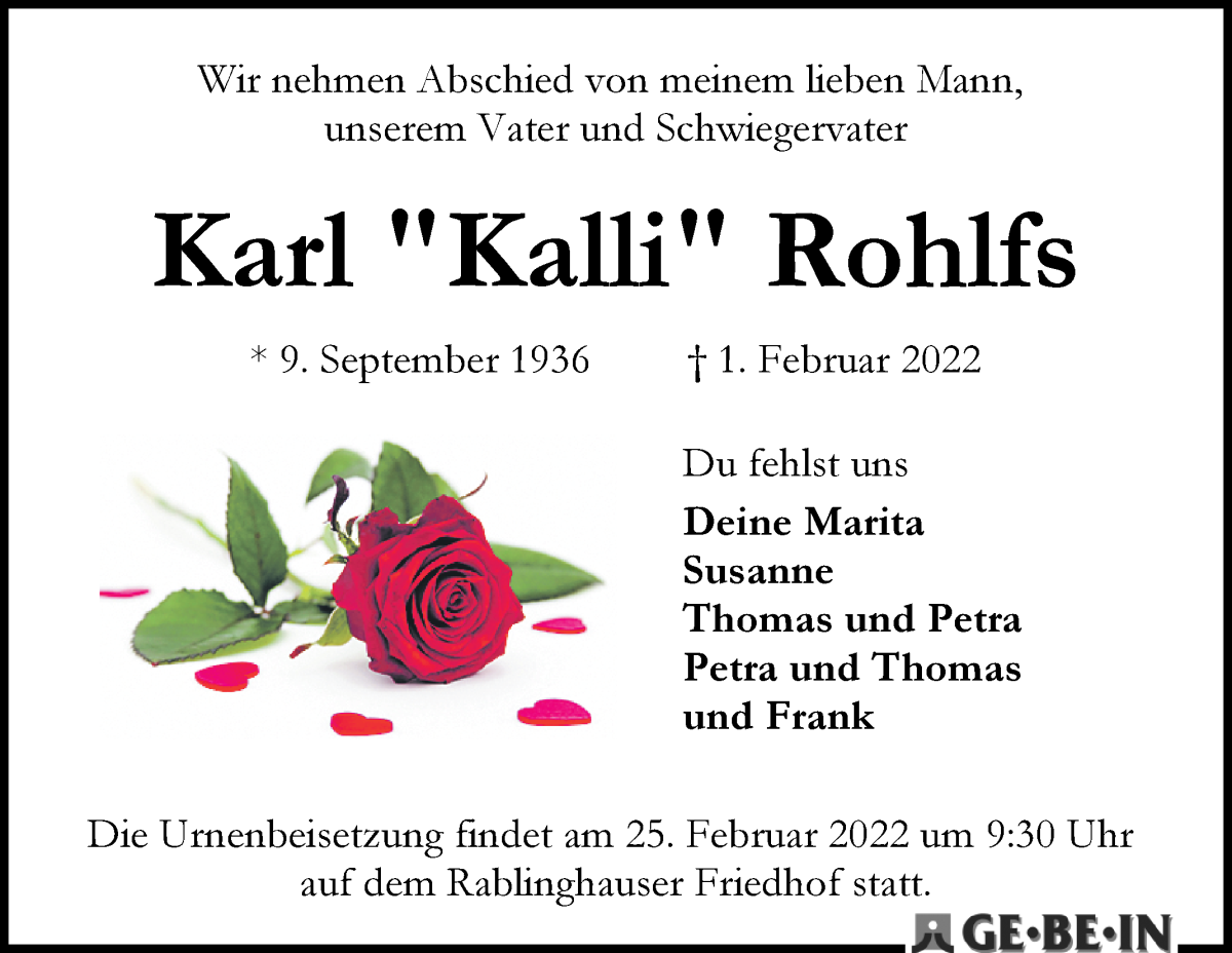 Traueranzeige von Karl Rohlfs von WESER-KURIER