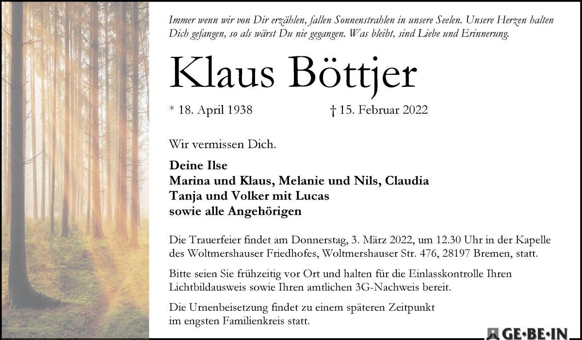 Traueranzeige von Klaus Böttjer von WESER-KURIER