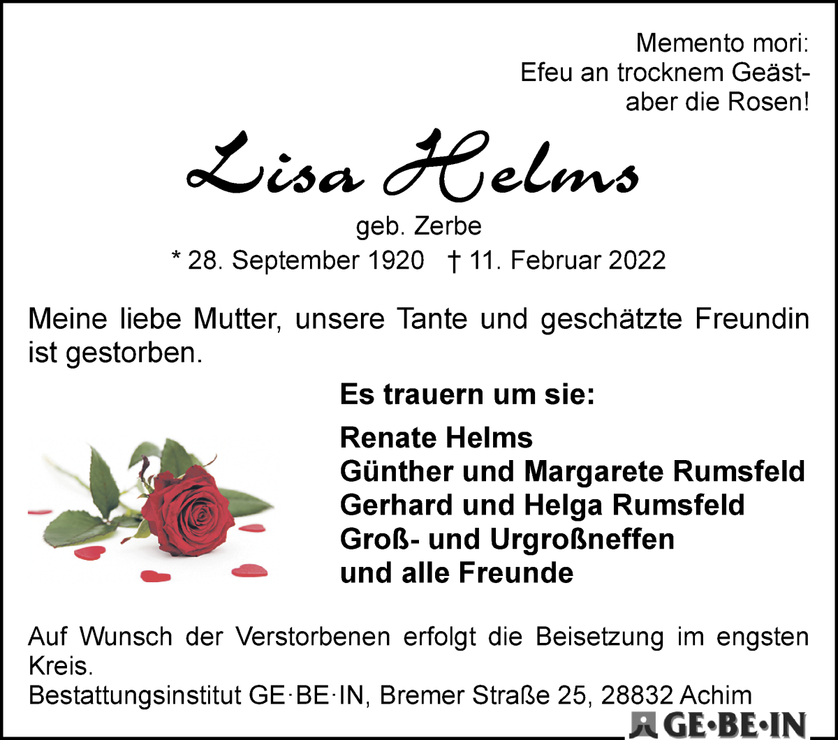 Traueranzeige von Lisa Helms von WESER-KURIER