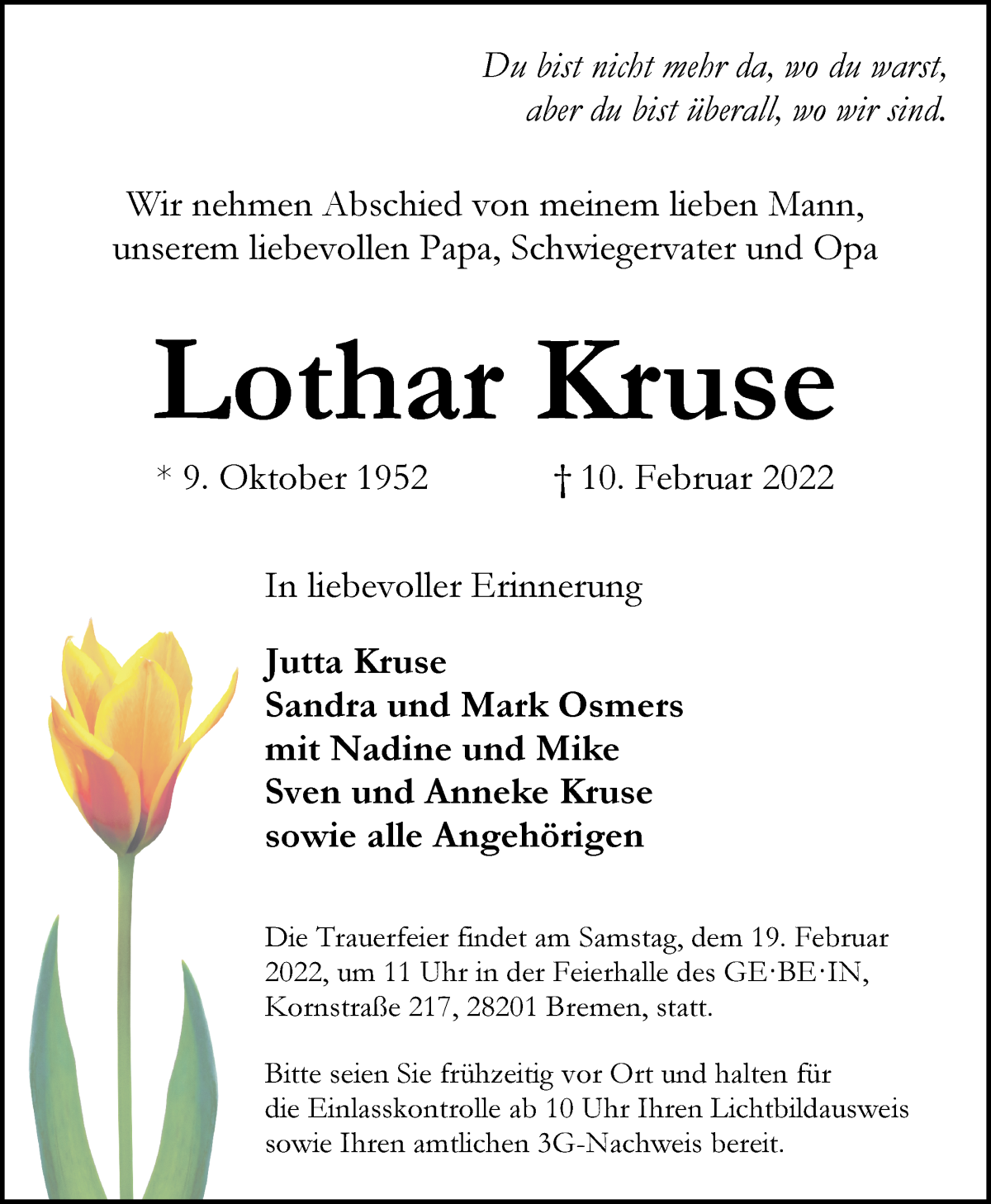 Traueranzeige von Lothar Kruse von WESER-KURIER