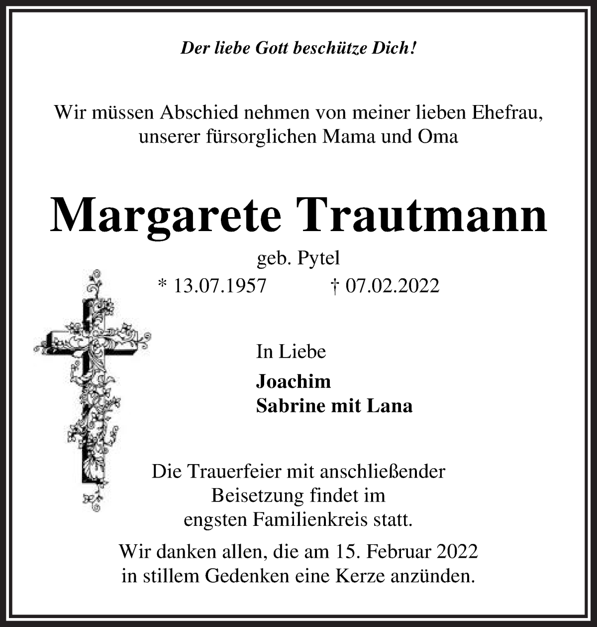 Traueranzeige von Margarete Trautmann von Die Norddeutsche