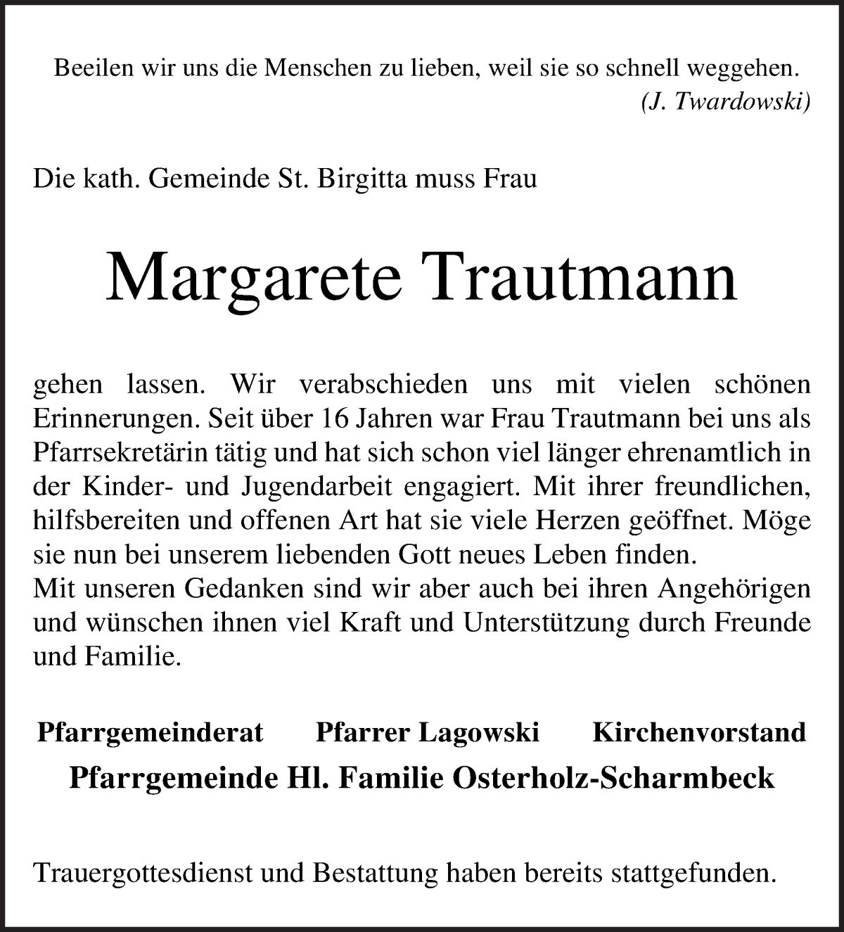 Traueranzeige von Margarete Trautmann von Osterholzer Kreisblatt
