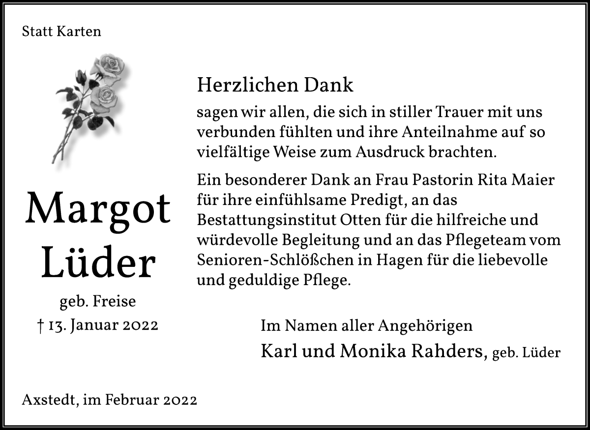 Traueranzeige von Margot Lüder von Osterholzer Kreisblatt