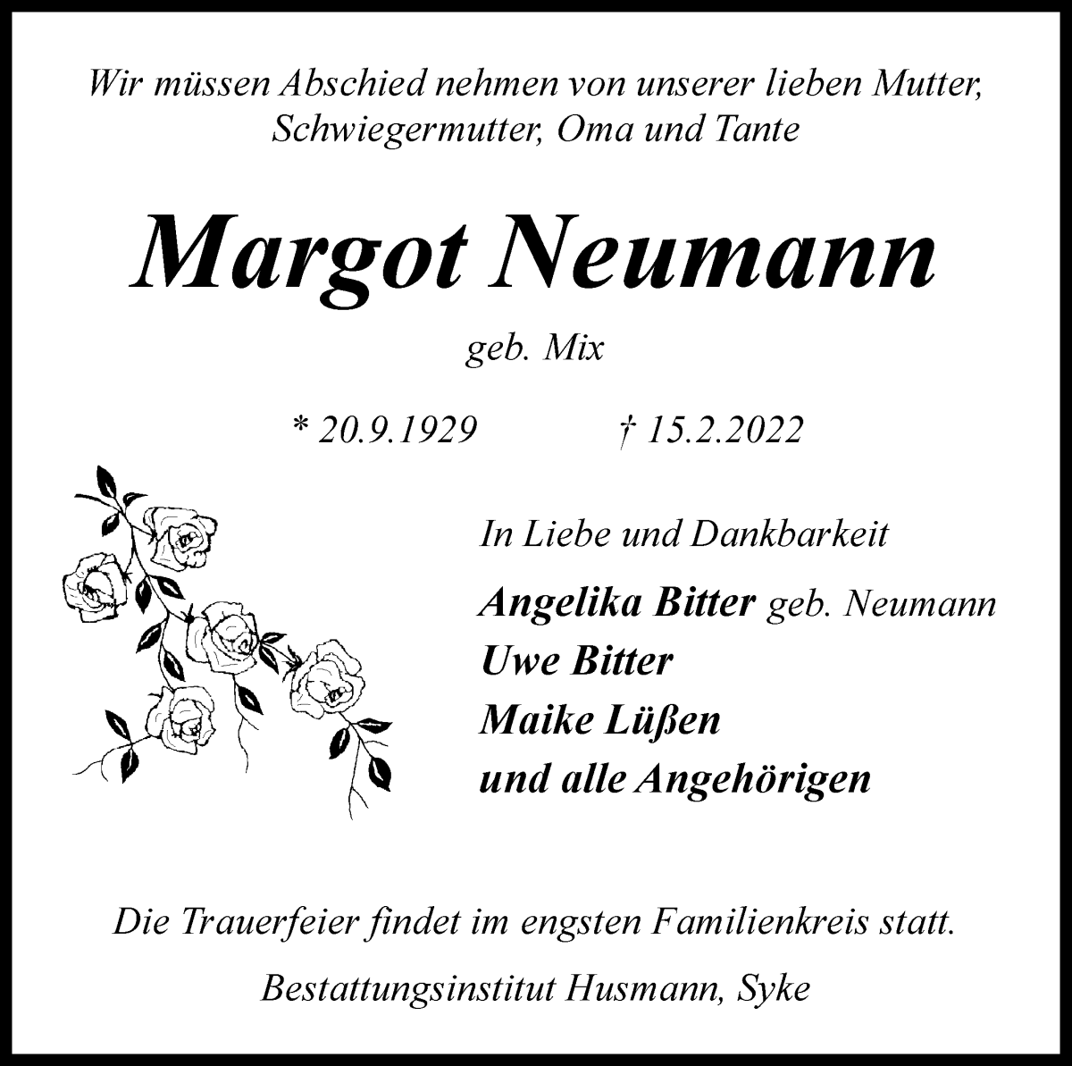 Traueranzeige von Margot Neumann von WESER-KURIER