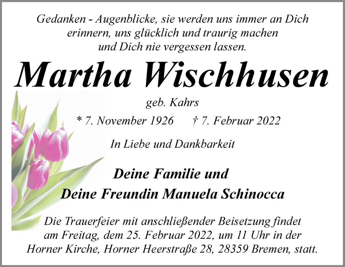 Traueranzeige von Martha Wischhusen von WESER-KURIER