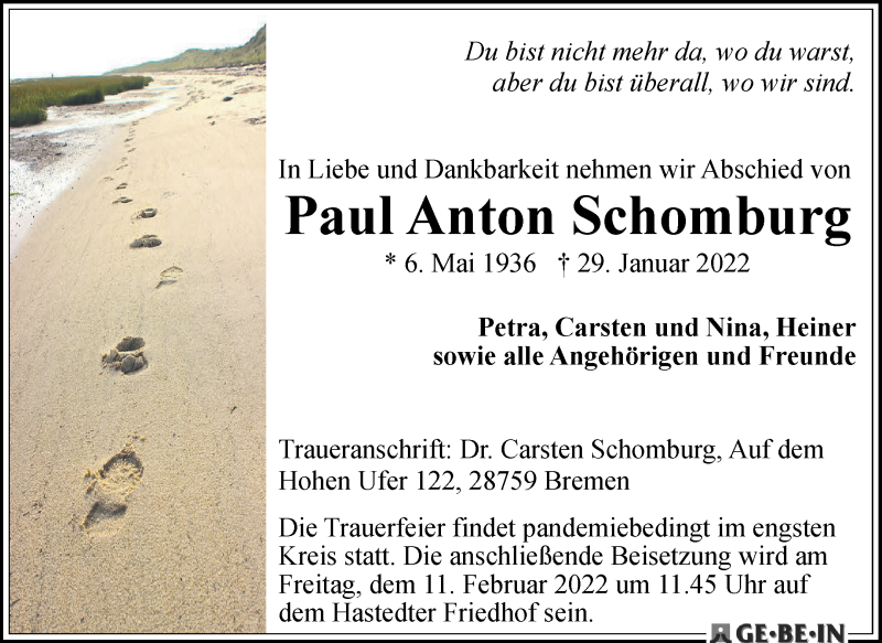 Traueranzeige von Paul Anton Schomburg von WESER-KURIER