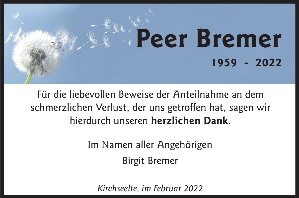 Traueranzeige von Peer Bremer von WESER-KURIER