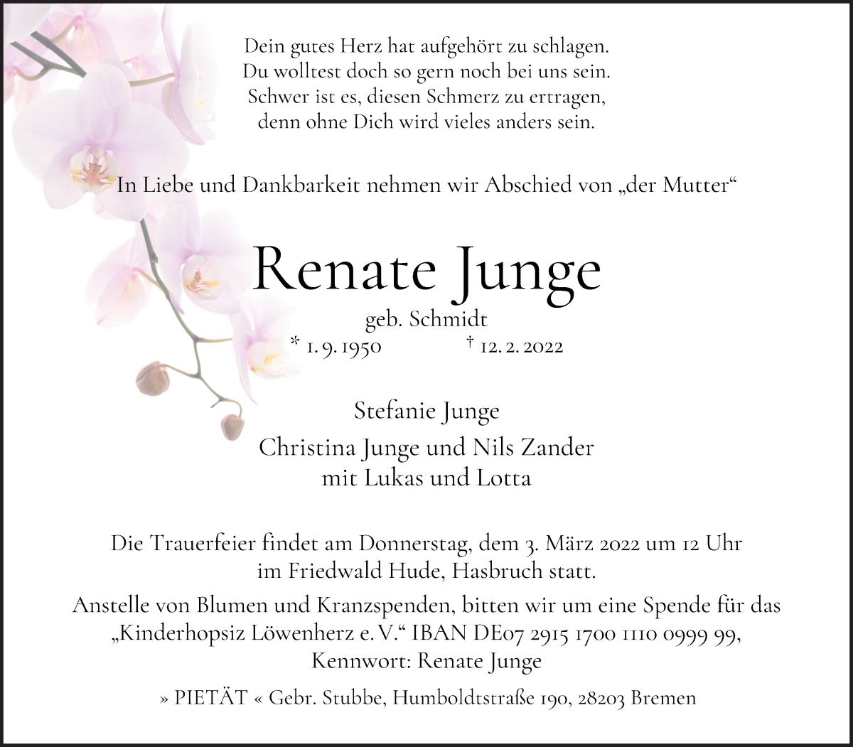 Traueranzeige von Renate Junge von WESER-KURIER
